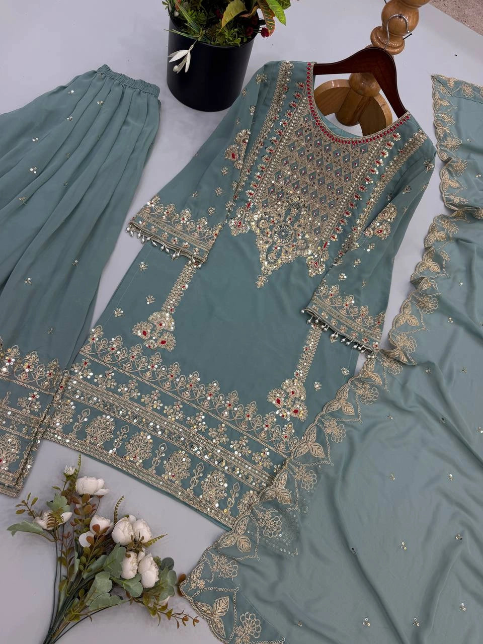 Sage Green Sequins Sharara Suit flat lay full set – Kalyanja KU305
